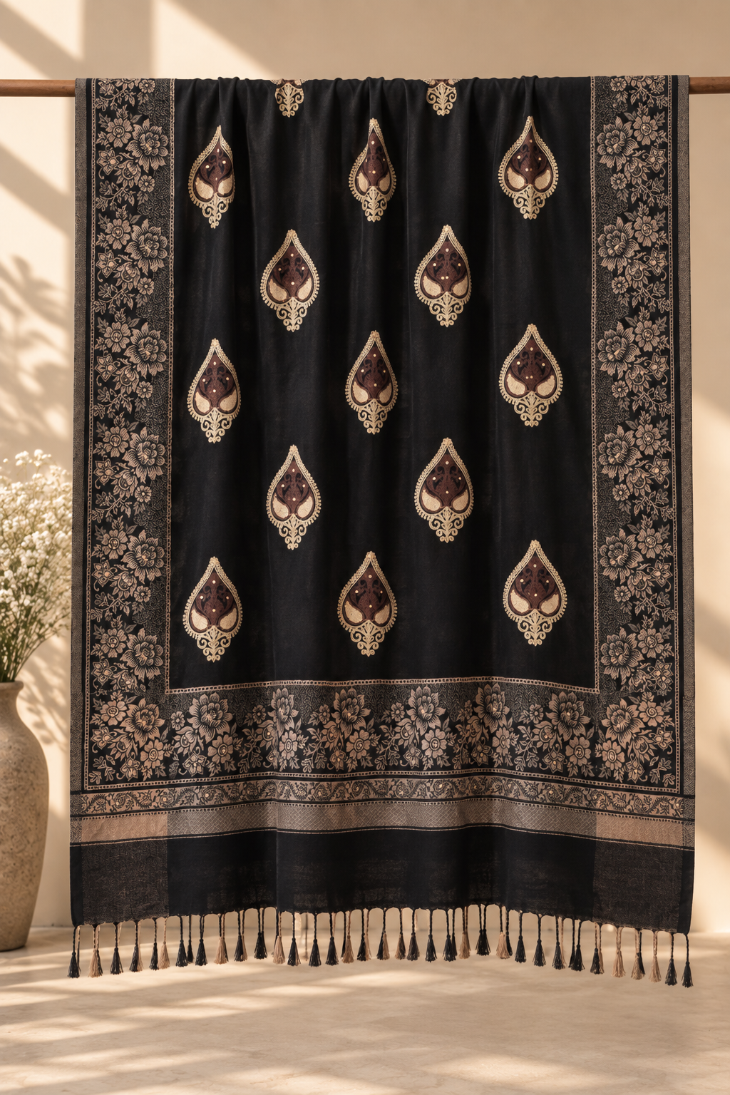 Black Booti Pattern Shawl with Floral Border