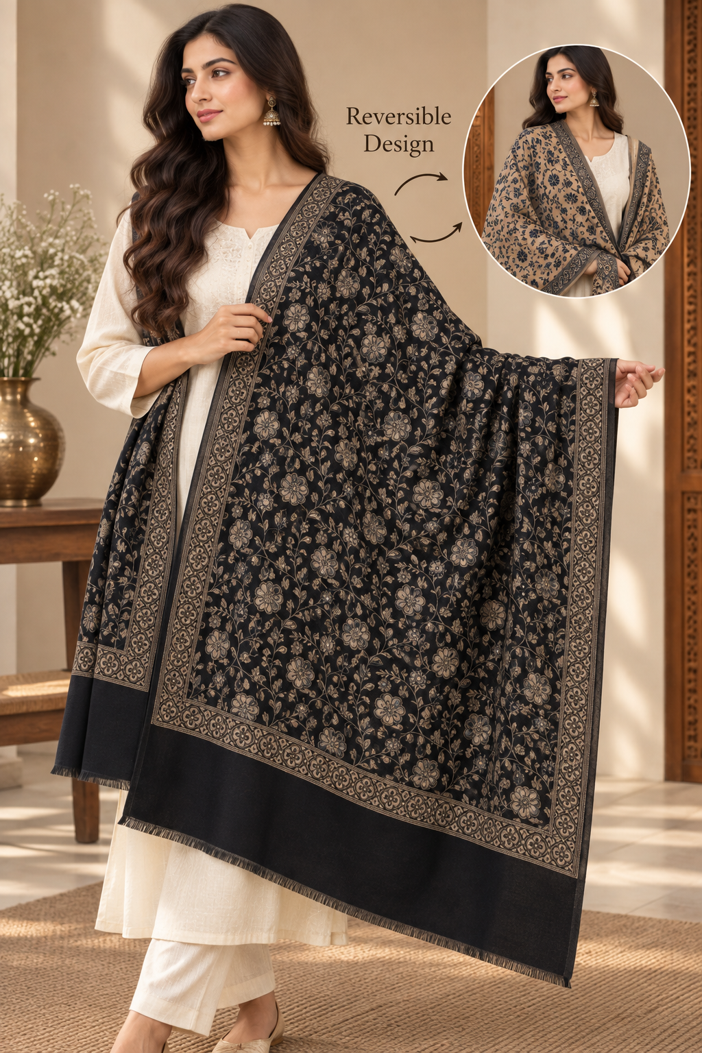 Reversible Beige & Black Floral Print Shawl