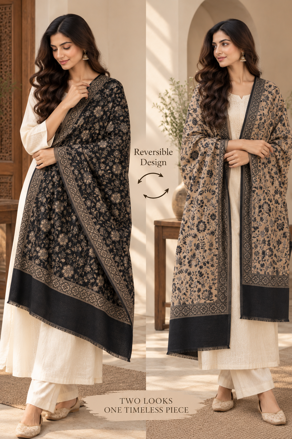Reversible Beige & Black Floral Print Shawl