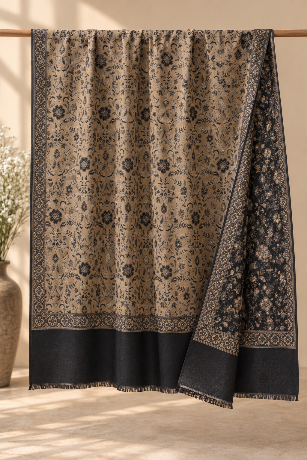 Reversible Beige & Black Floral Print Shawl