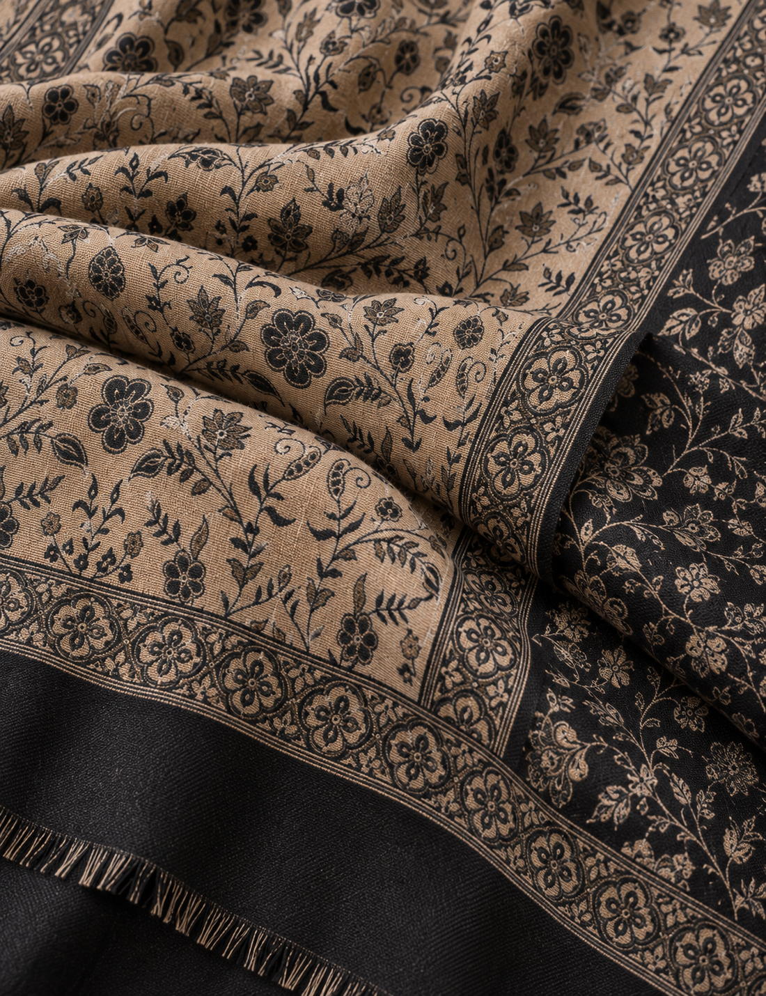 Reversible Beige & Black Floral Print Shawl