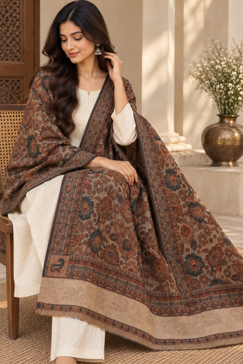 Rust & Brown Floral Print Shawl with Paisley Corners