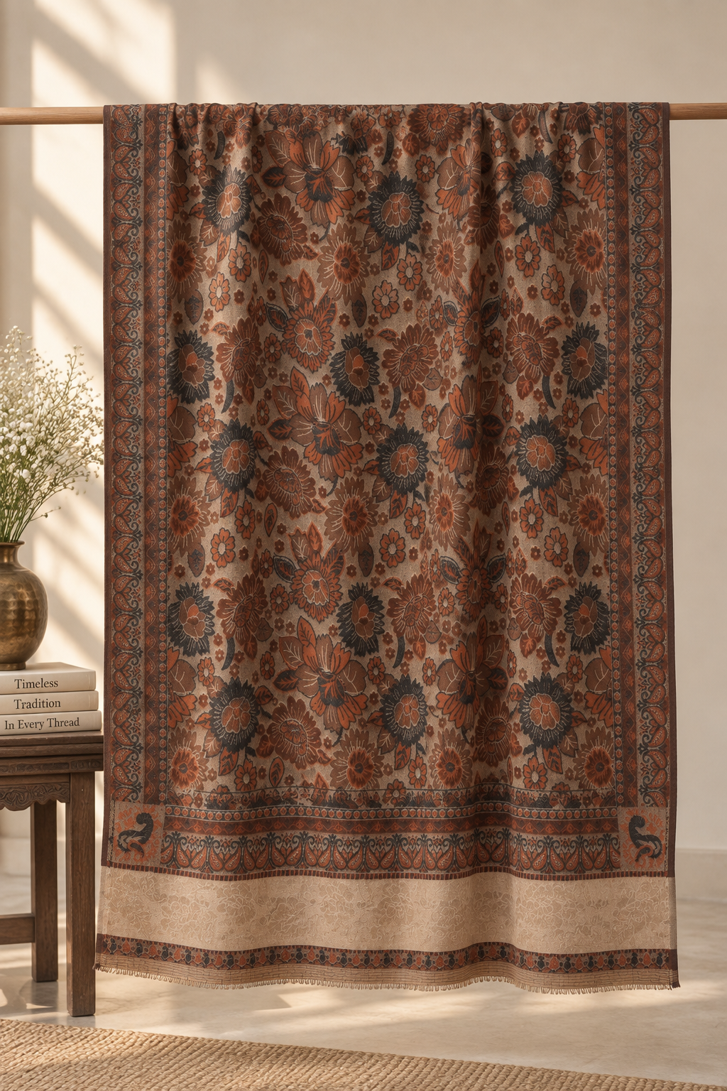 Rust & Brown Floral Print Shawl with Paisley Corners