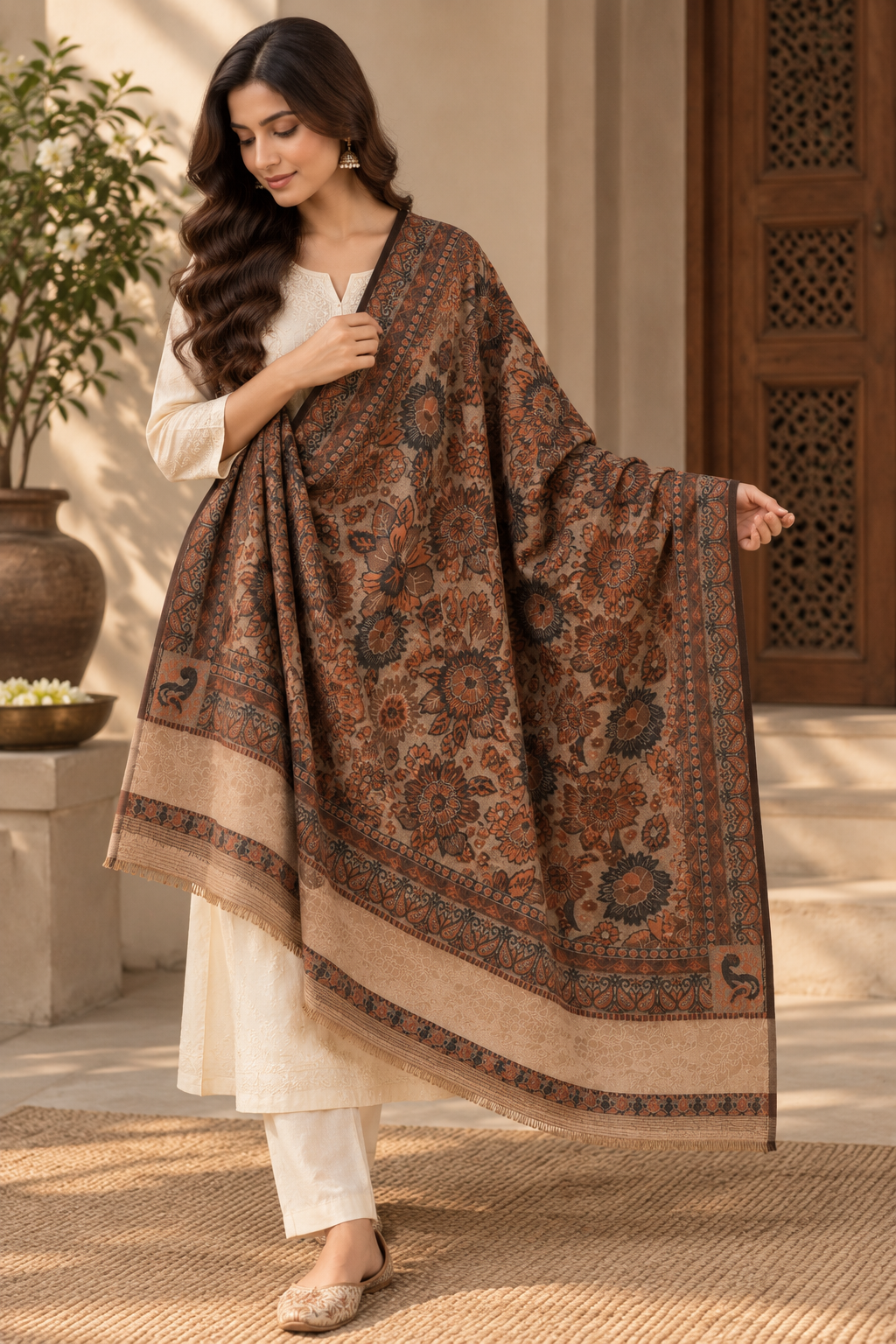 Rust & Brown Floral Print Shawl with Paisley Corners