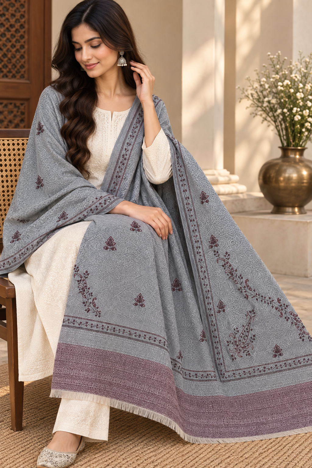 Silver-Grey Printed Stole with Paisley Corners