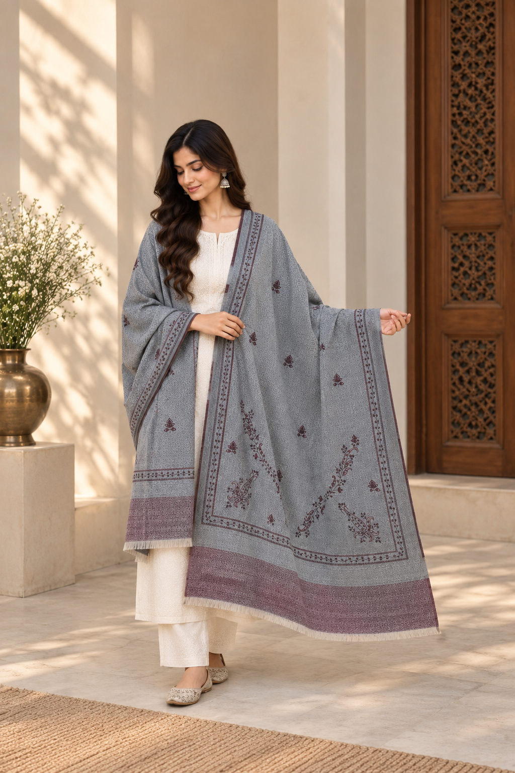Silver-Grey Printed Stole with Paisley Corners