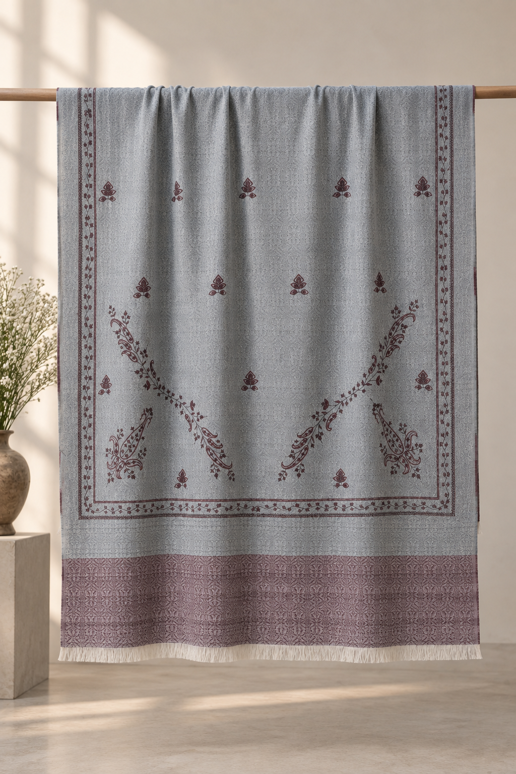 Silver-Grey Printed Stole with Paisley Corners