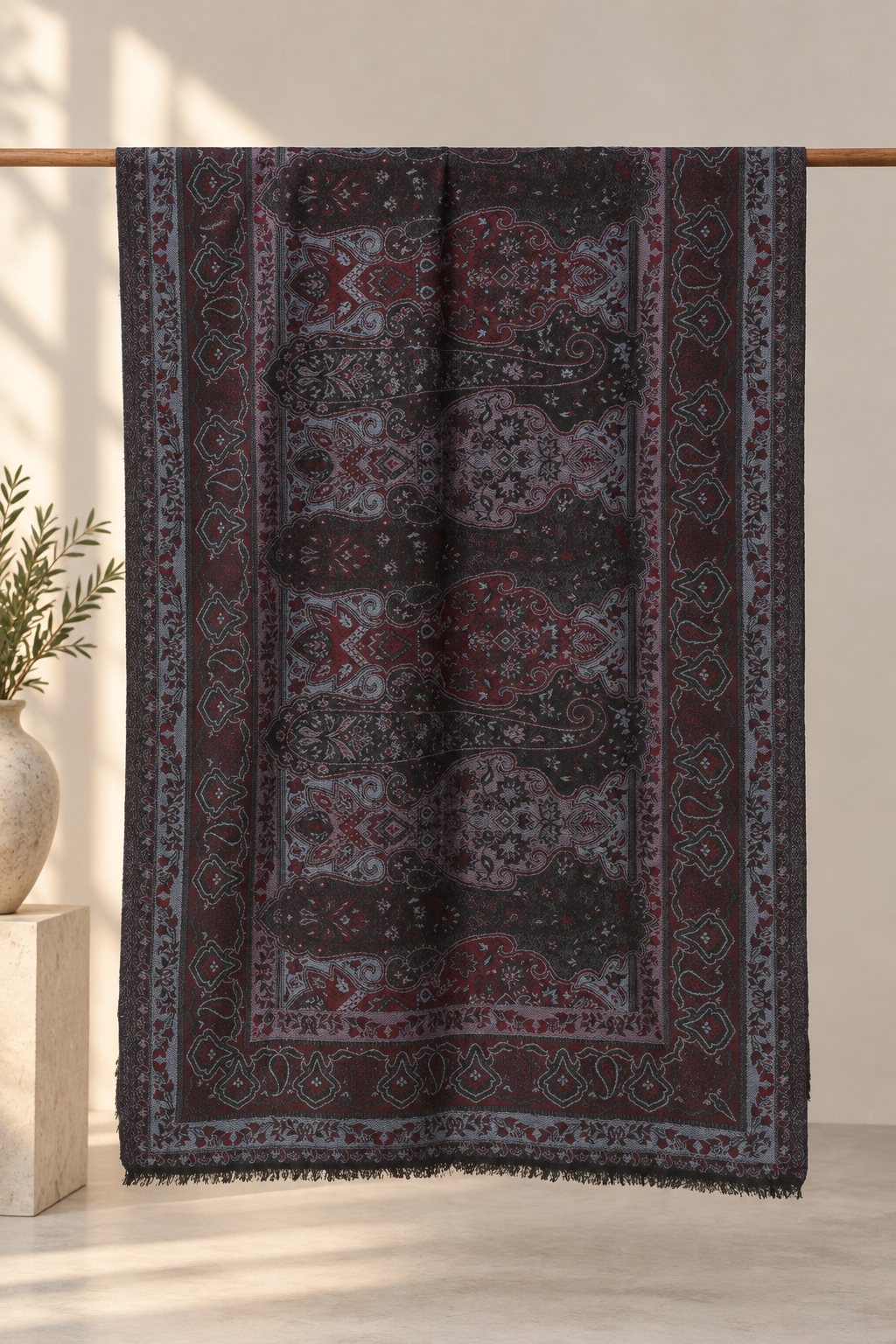Charcoal Wine Jamawar Paisley Shawl