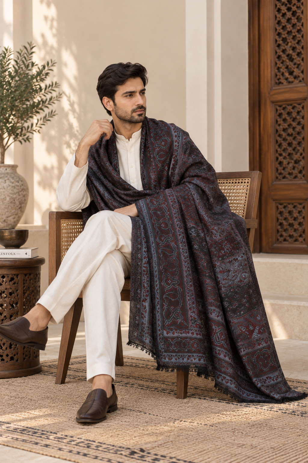 Charcoal Wine Jamawar Paisley Shawl